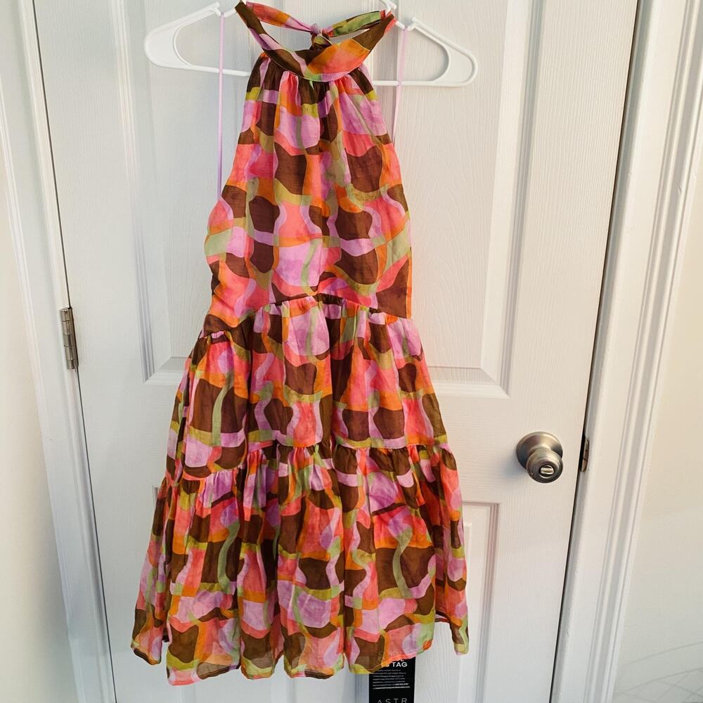 ASTR The Label Halter Dress Womens Small Brown Multi Tiered Open Back fairy mini